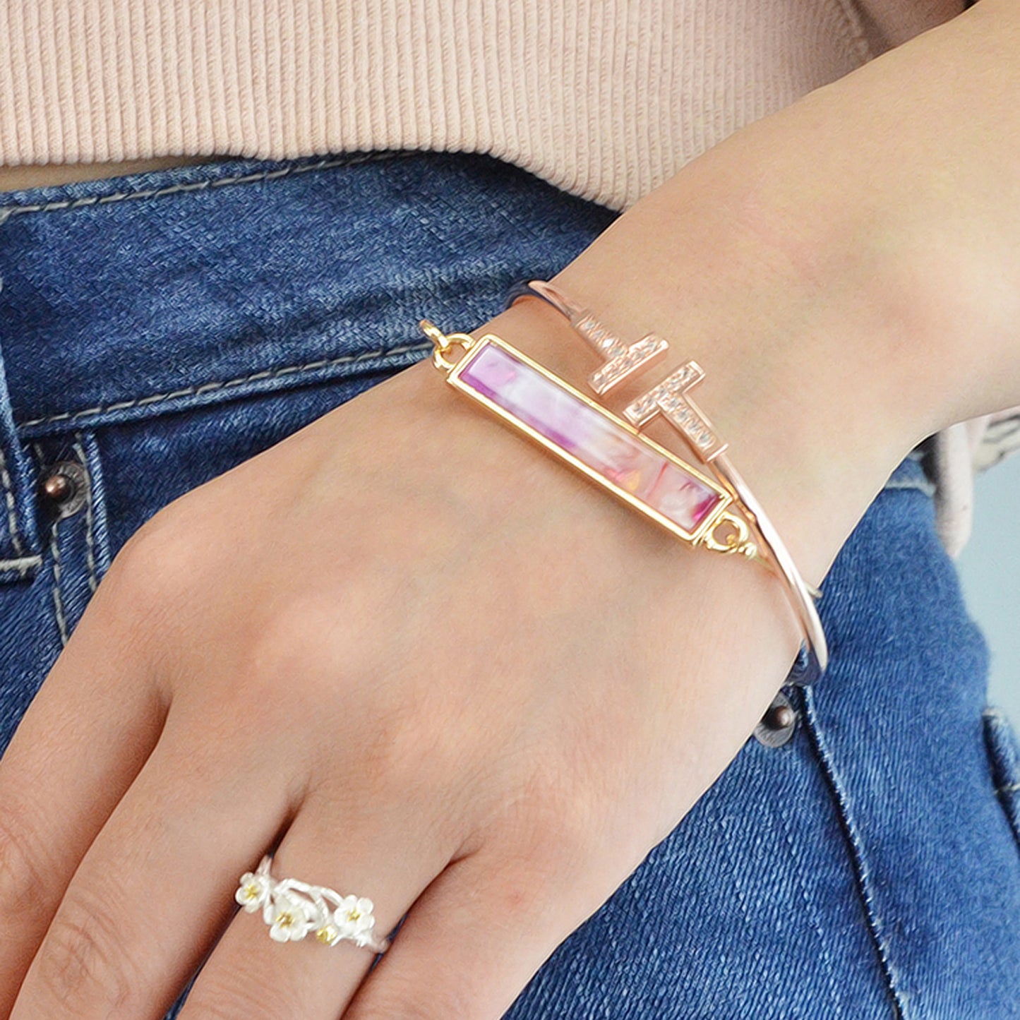 Multi-colored Rectangle  Acrylic Gold Bangle Boho Chic Bracelet Ethnic Jewellery