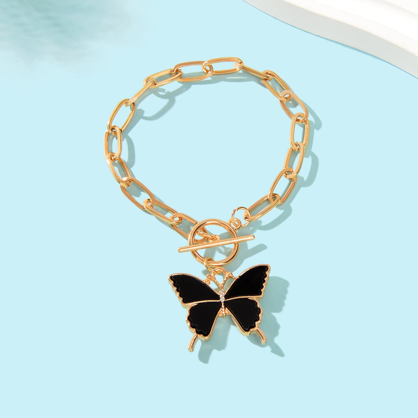 Elegant Thick Golden Link Chain Black Butterfly Charm Bracelet School Social Gatherings Party Jewelry