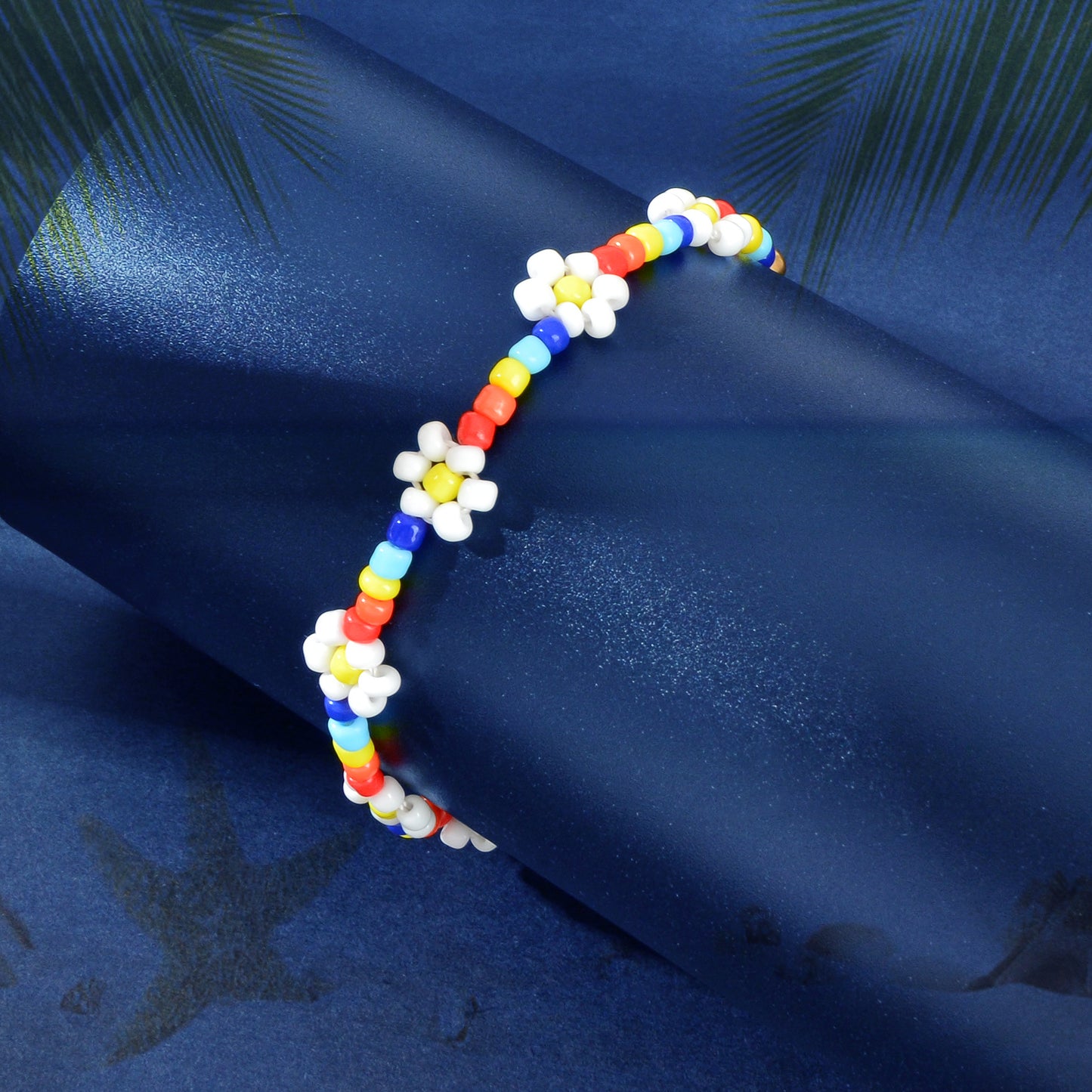 Bohemian Handmade Blue White Beaded Braided Flower Beach Anklet Foot Jewellery