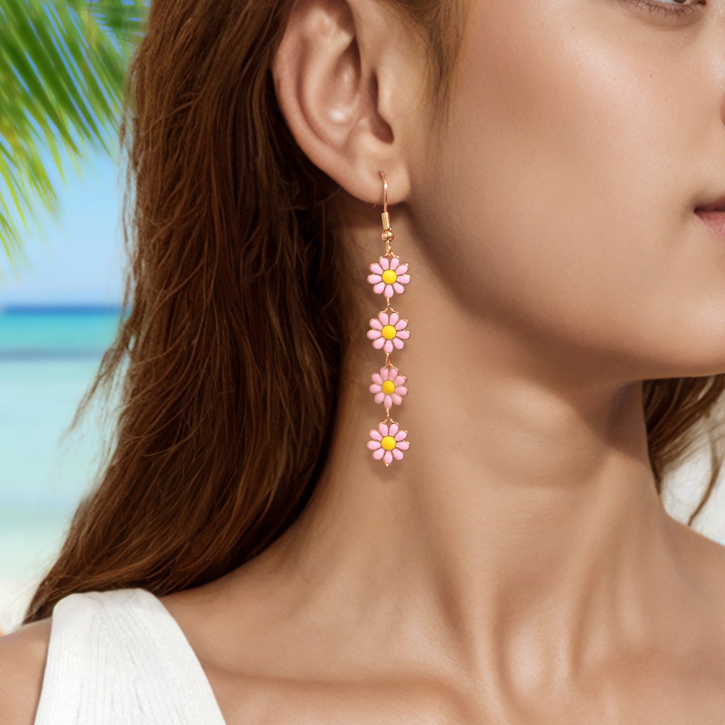 Sweet Pink Flower Long Pendant Dangle Earrings Women Daily Festival Jewelry Gift