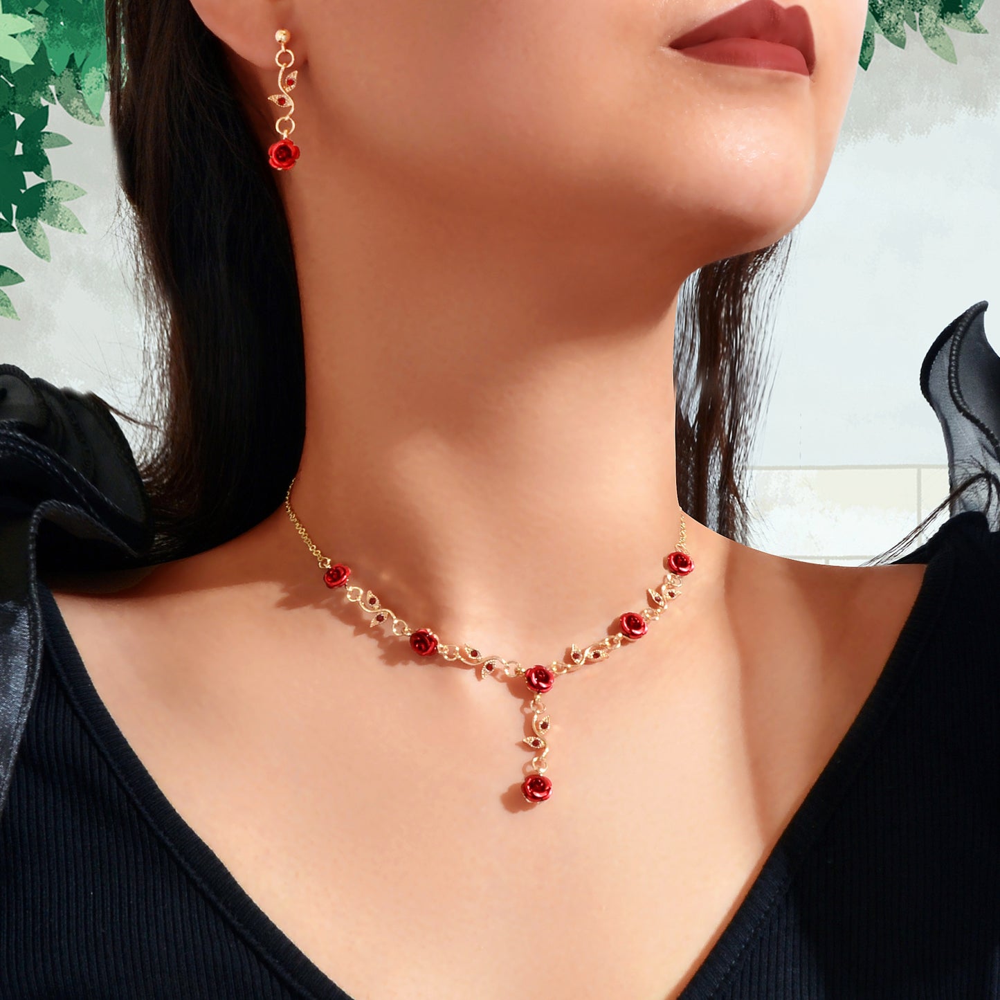 Golden Leaf Red Hot Pink Flower Pendant Necklace Dangle Earrings Jewellery set