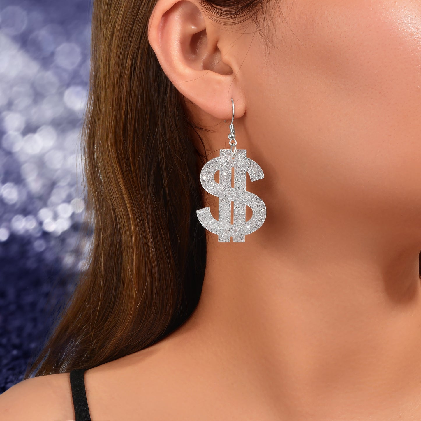 Creative Sequin Decor Silvery Acrylic Dollar Sign Dangle Earrings Women Social Gatherings Party Jewelry