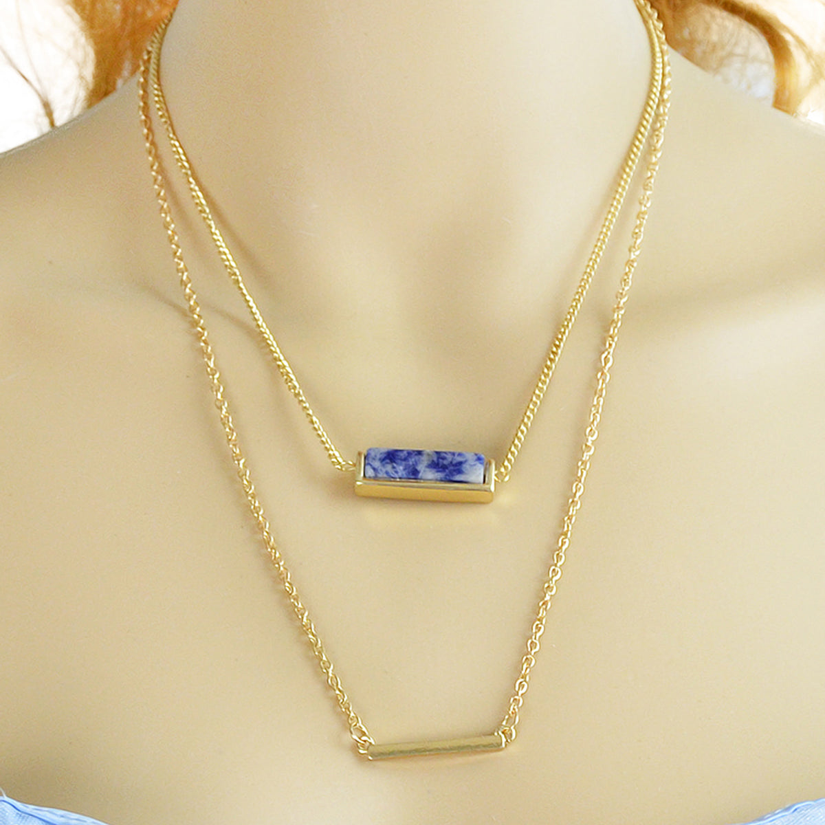 Boho Chic Jewellery Multi layer Gold Chain with Bar Blue Stone Pendant Necklace