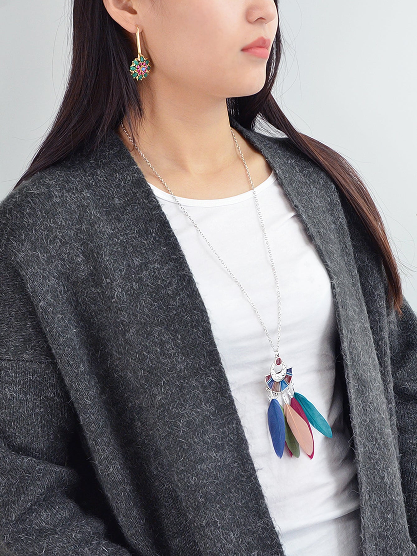 Ethnic Bohemian Traditional Jewellery Silver Long Chain Feather Shape Necklace
