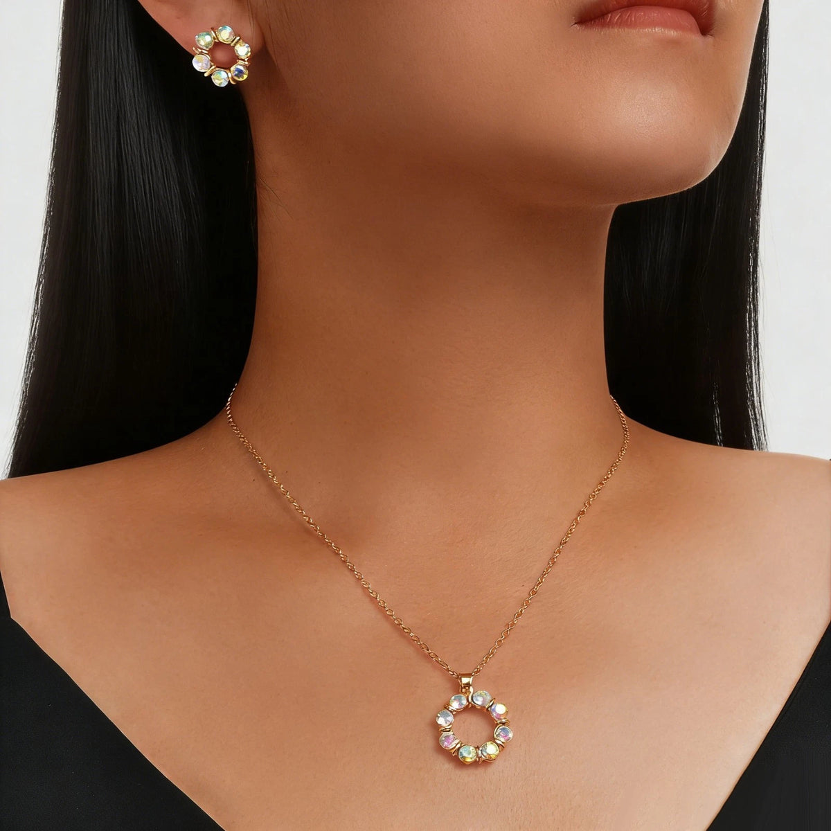 Colourful Rhinestone Flower Jewellry Set Round Charm Necklace Girl Stud Earrings