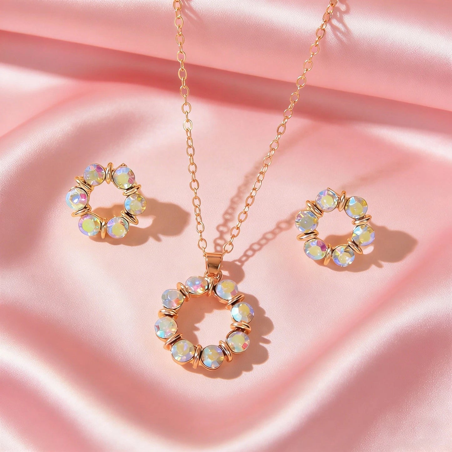 Colourful Rhinestone Flower Jewellry Set Round Charm Necklace Girl Stud Earrings