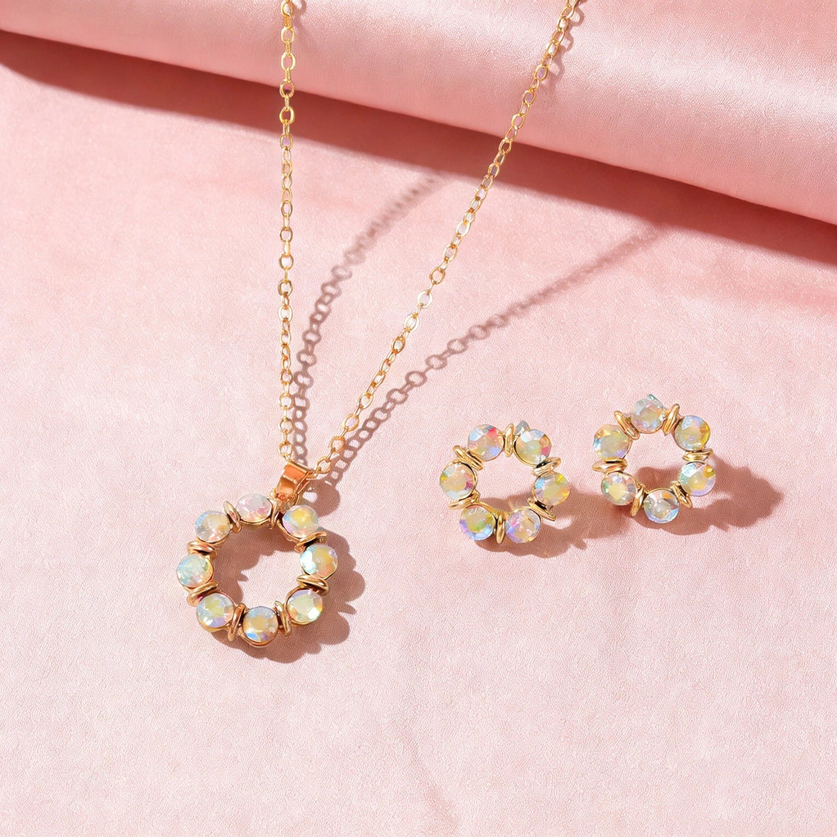 Colourful Rhinestone Flower Jewellry Set Round Charm Necklace Girl Stud Earrings