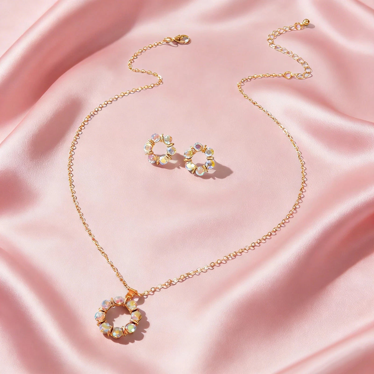 Colourful Rhinestone Flower Jewellry Set Round Charm Necklace Girl Stud Earrings