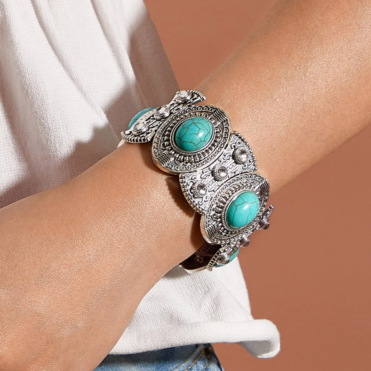 Turquoise Decor Carved Antique Silver Wide Chunky Bohemia Elastic Bangle
