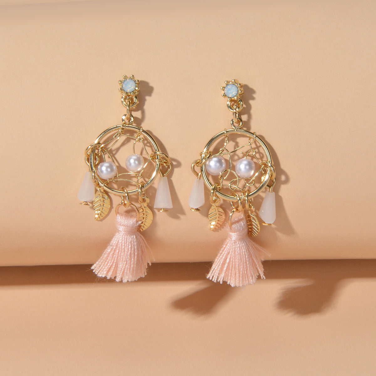 Ethnic Style Bohemian Jewellery Pearl Beads Leaf Charm Tassel Dangle Earrings