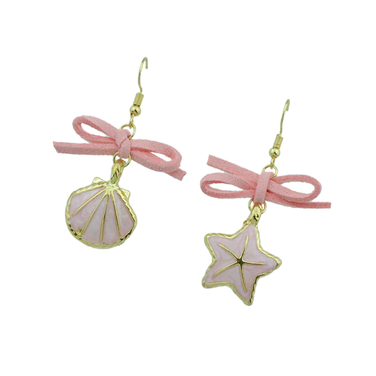 Asymmetric Design Pink Bowknot Enamel Shellfish Starfish Drop Boho Chic Earrings