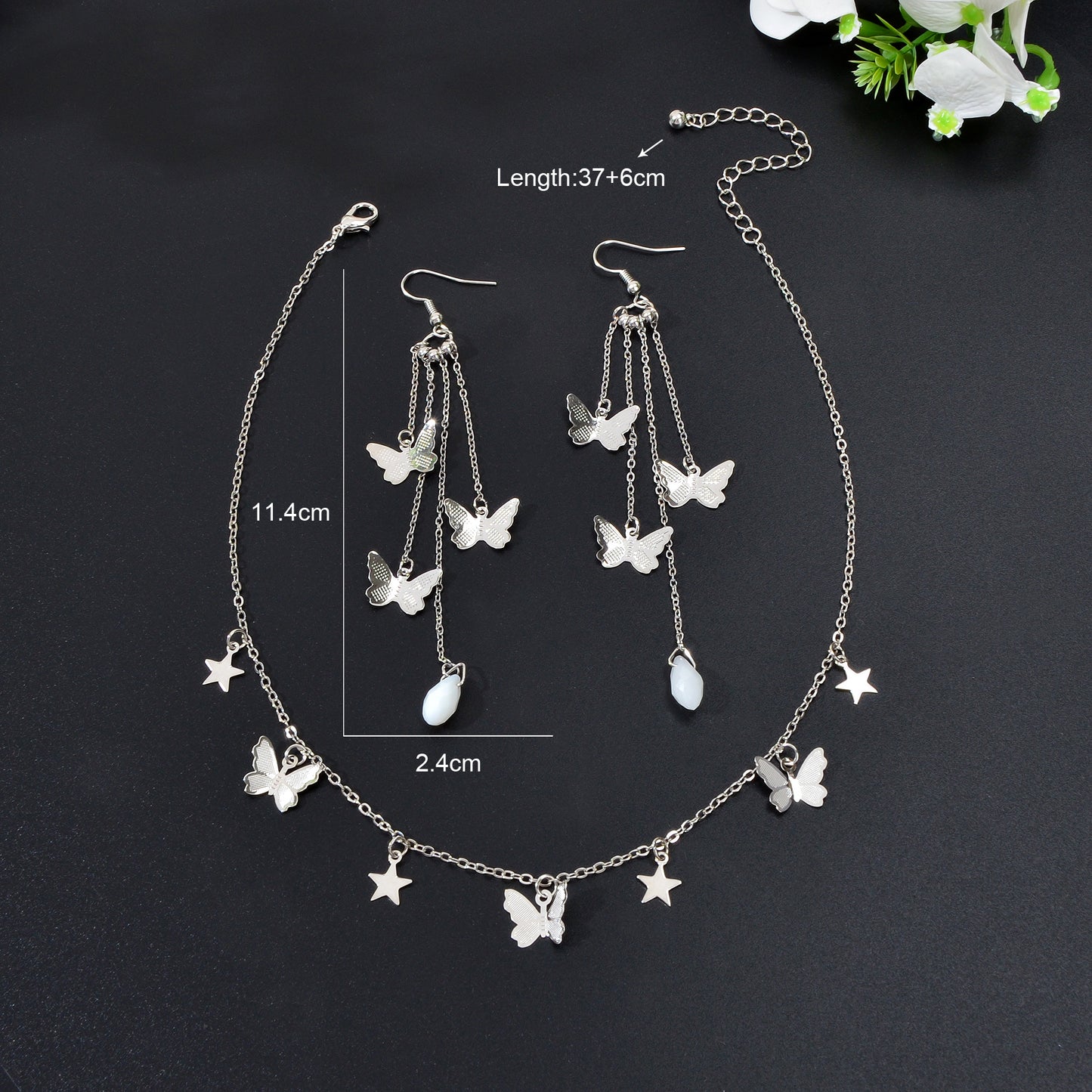 Silvery Chain Star Butterfly Charm Necklace Long Chain Tassel Butterfly Earrings Party Jewelry set