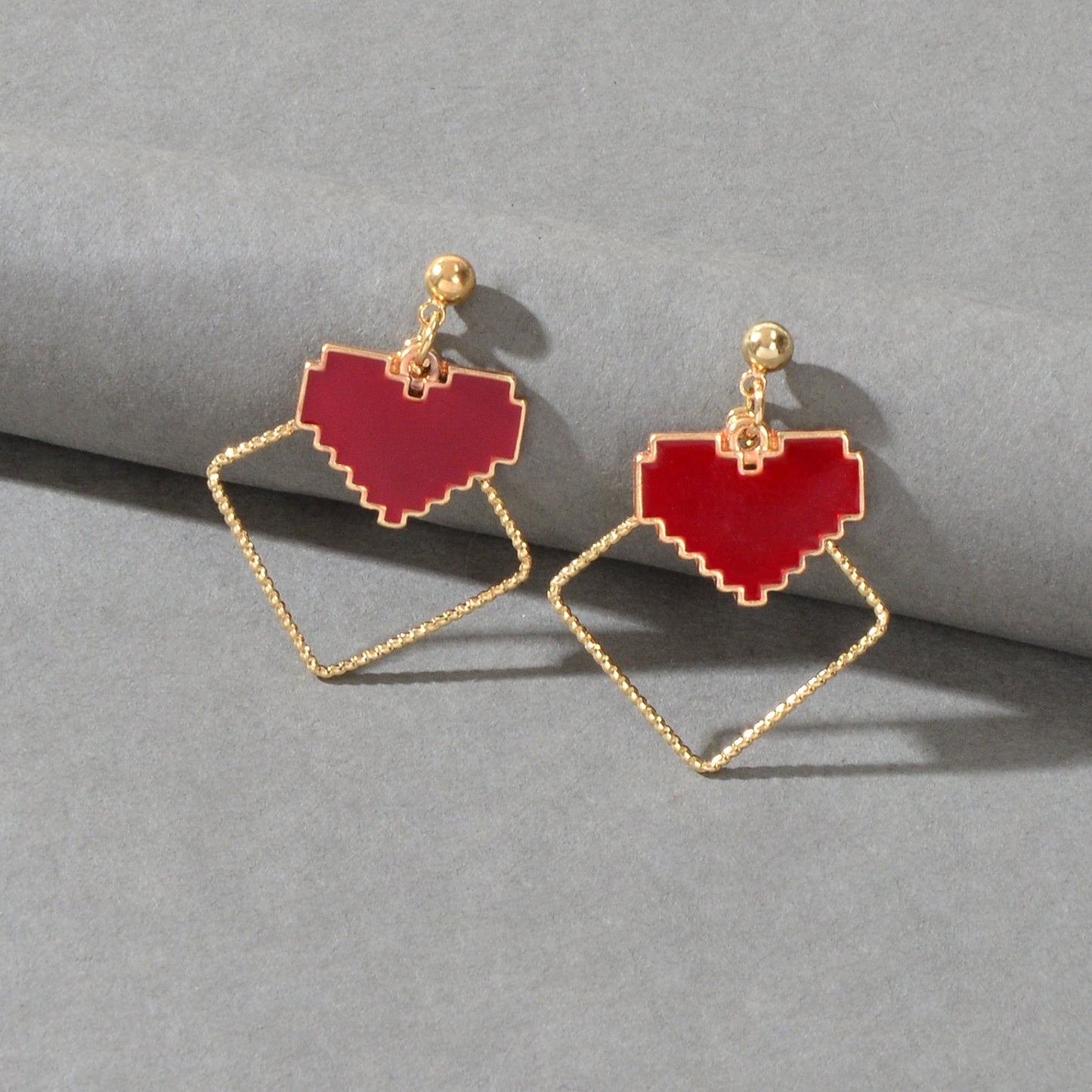Fashion Design Red Enamel Heart Gold Square Dangle Earrings Party Trendy Jewelry
