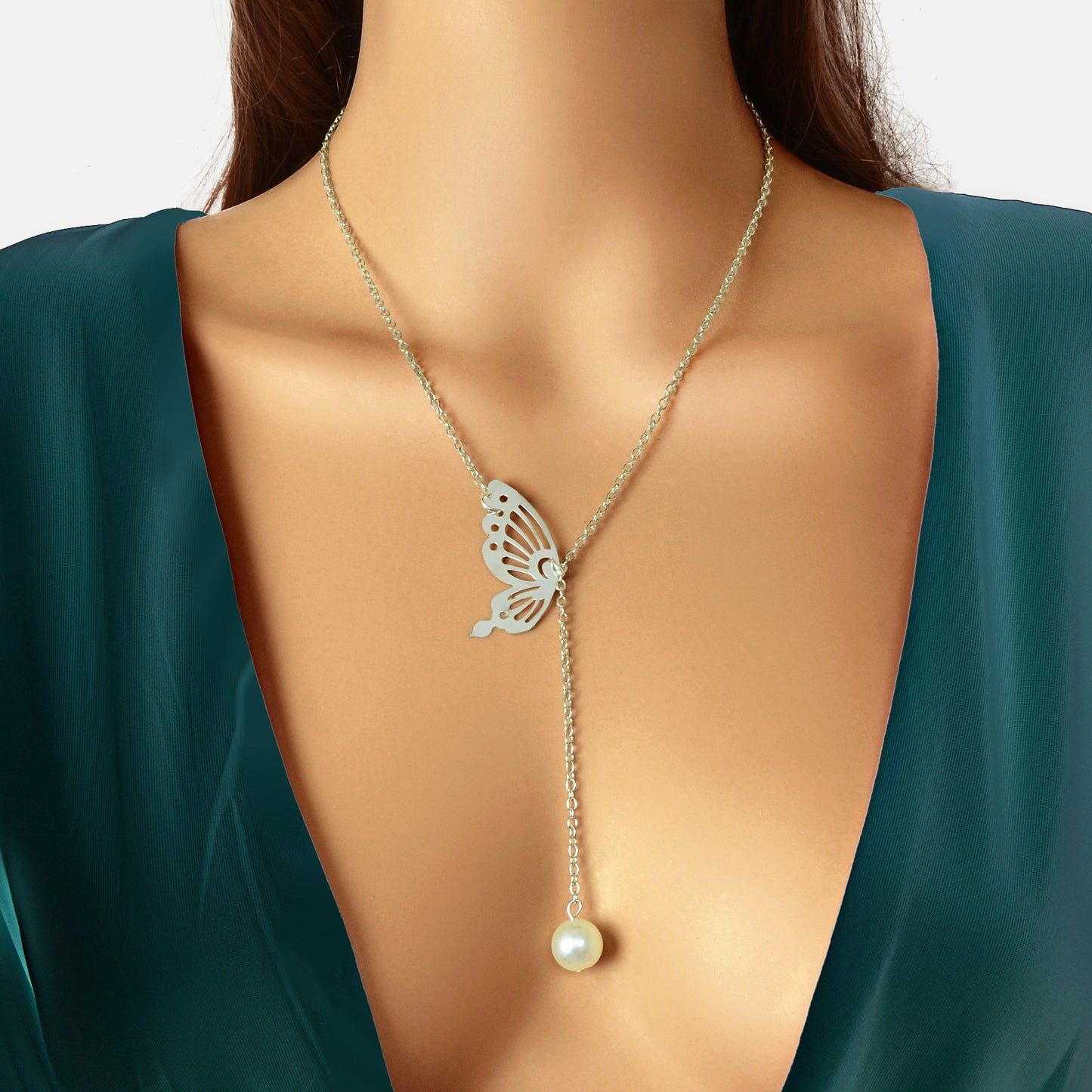 Y Style Silvery Chain Hollow Butterfly Imitation Pearl Pendant Necklace Graceful Daily Party Jewelry
