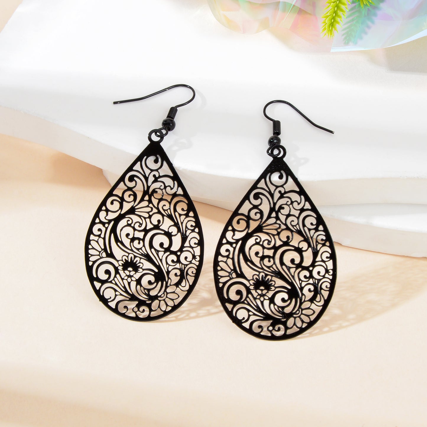 Retro Hollow Black Flower Pattern Water Drop Earrings Party Daily Prom Jewelry