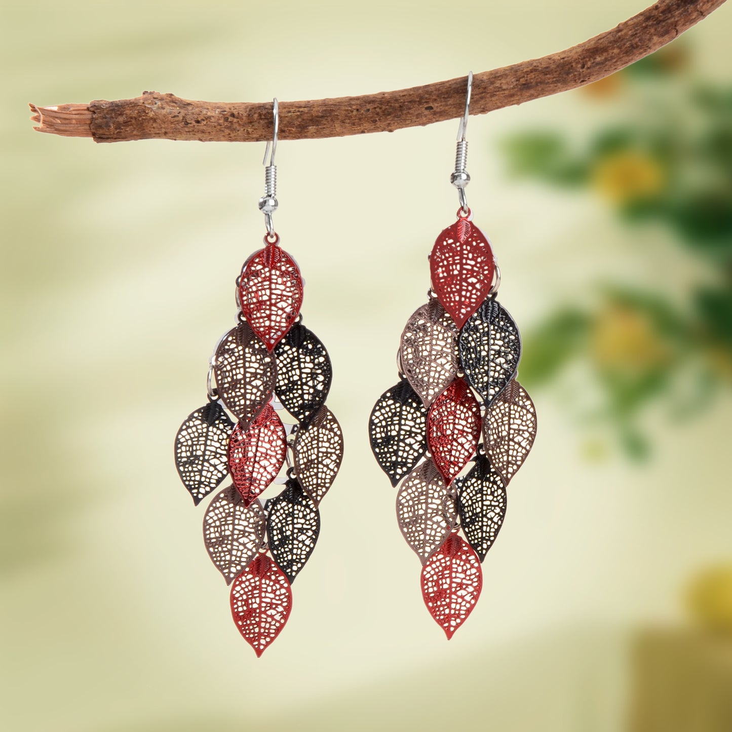 AU Local Bohemian Colorful Hollow Layered Leaf Stacks Hook Drop Dangle Earrings