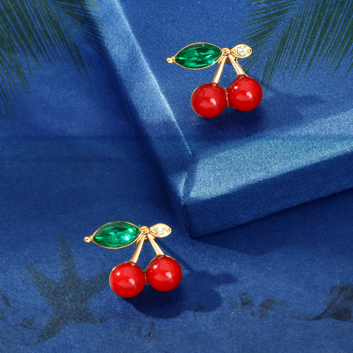 Lovely Fruit Jewellery Green Crystal Leaf Red Beads Stud Elegant Cherry Earrings