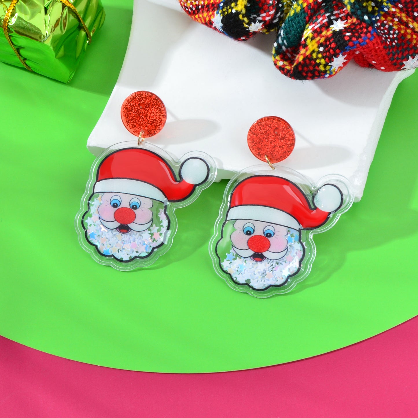 Cute Christmas Santa Acrylic Earrings Sparkly Star Sequins Decor Xmas Party Jewelry Gift