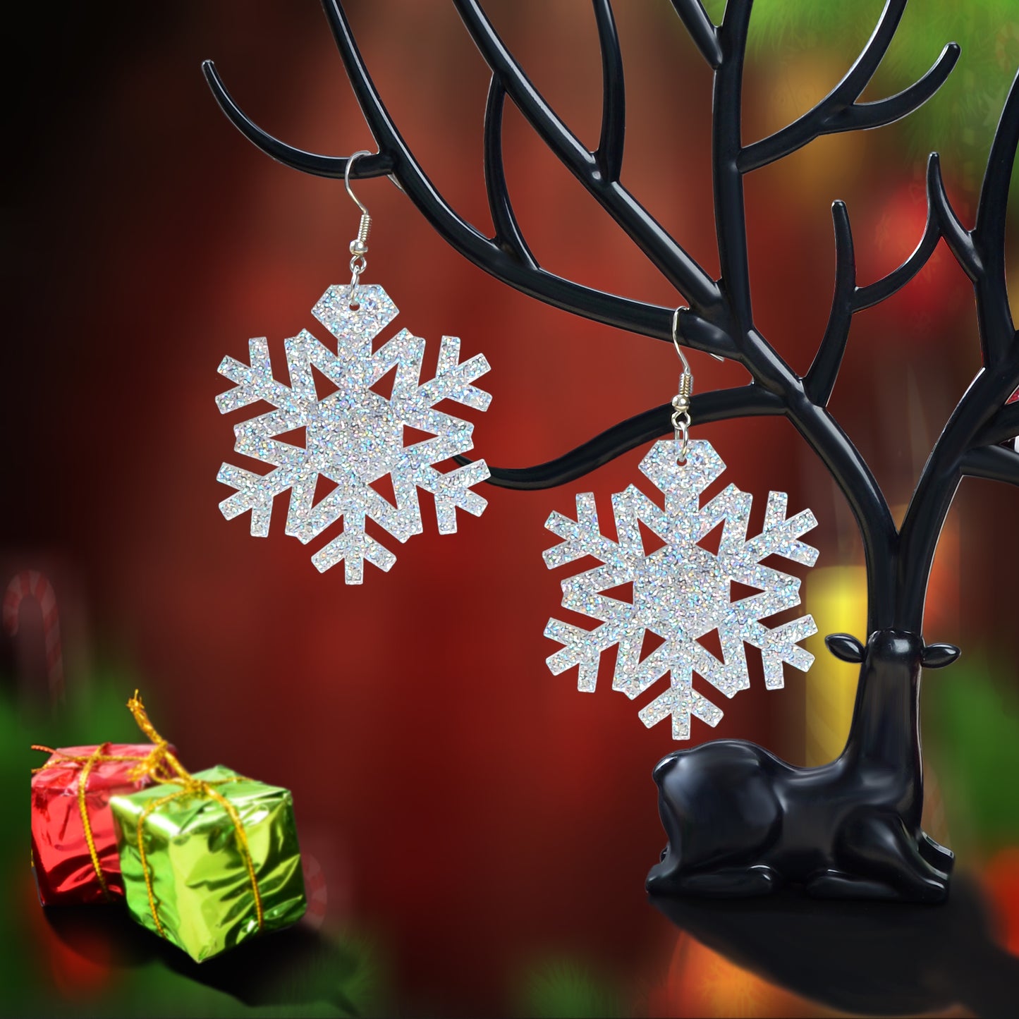 Christmas Jewellery Silver Acrylic Snowflake Drop Dangle Earrings Festival Gift
