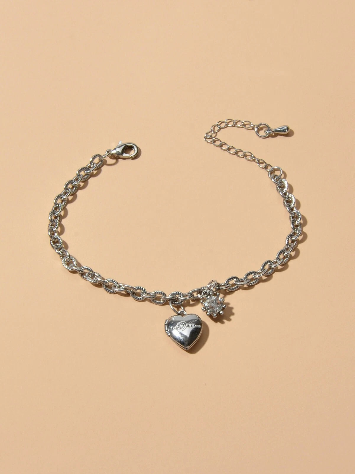 Anniversary Wedding Jewellery Silver Chain Rhinestone Decor Heart Charm Bracelet
