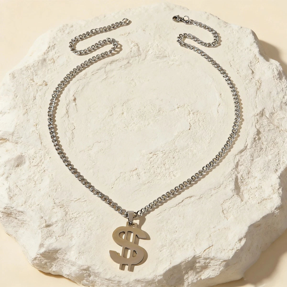 Silver Dollar Sign Pendant Necklace Hip Hop Punk Cuban Link Chain Men Jewellery