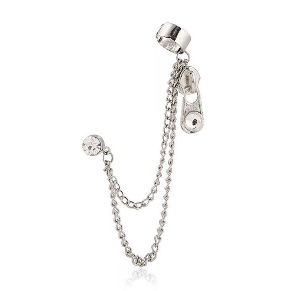 1pc Punk Silver Chain Rhinestone Zipper Shape Stud Cartilage Earrings Ear Cuff