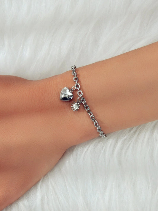 Anniversary Wedding Jewellery Silver Chain Rhinestone Decor Heart Charm Bracelet