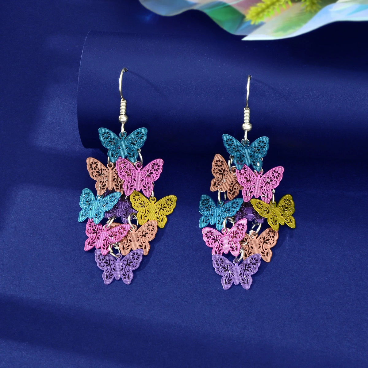 Trendy Summer Vacation Colorful Hollow Multi-level Butterfly Chandelier Earrings