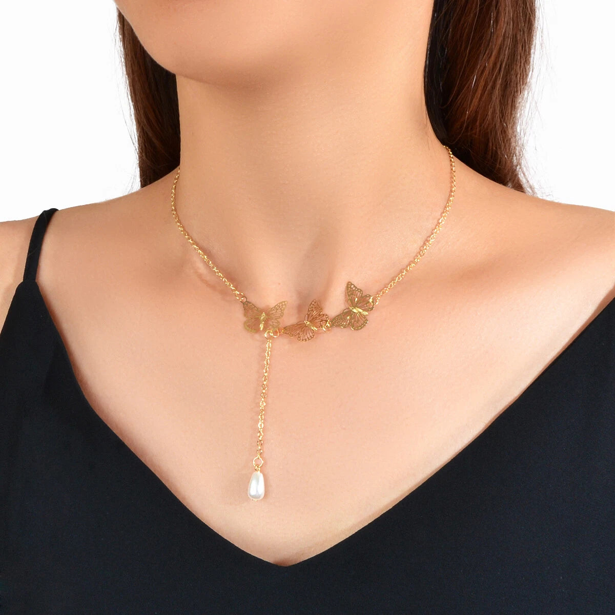 Designer Gold Butterfly Pearl Charm Personality Long Chain Dangle Y Necklace