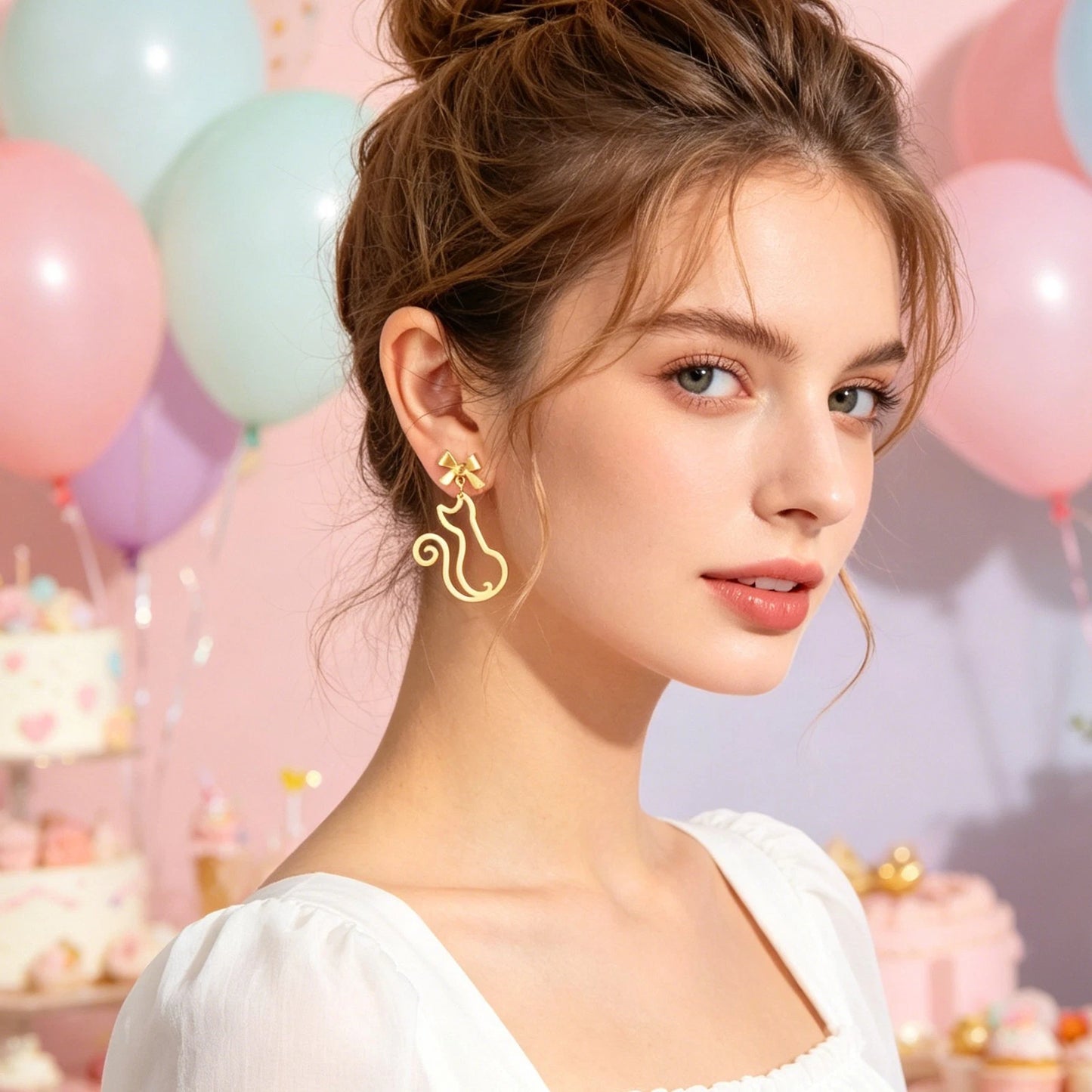 Kawaii Aesthetic Hollow Bow Tie Cat Dangle Earrings Animals Design Accessories