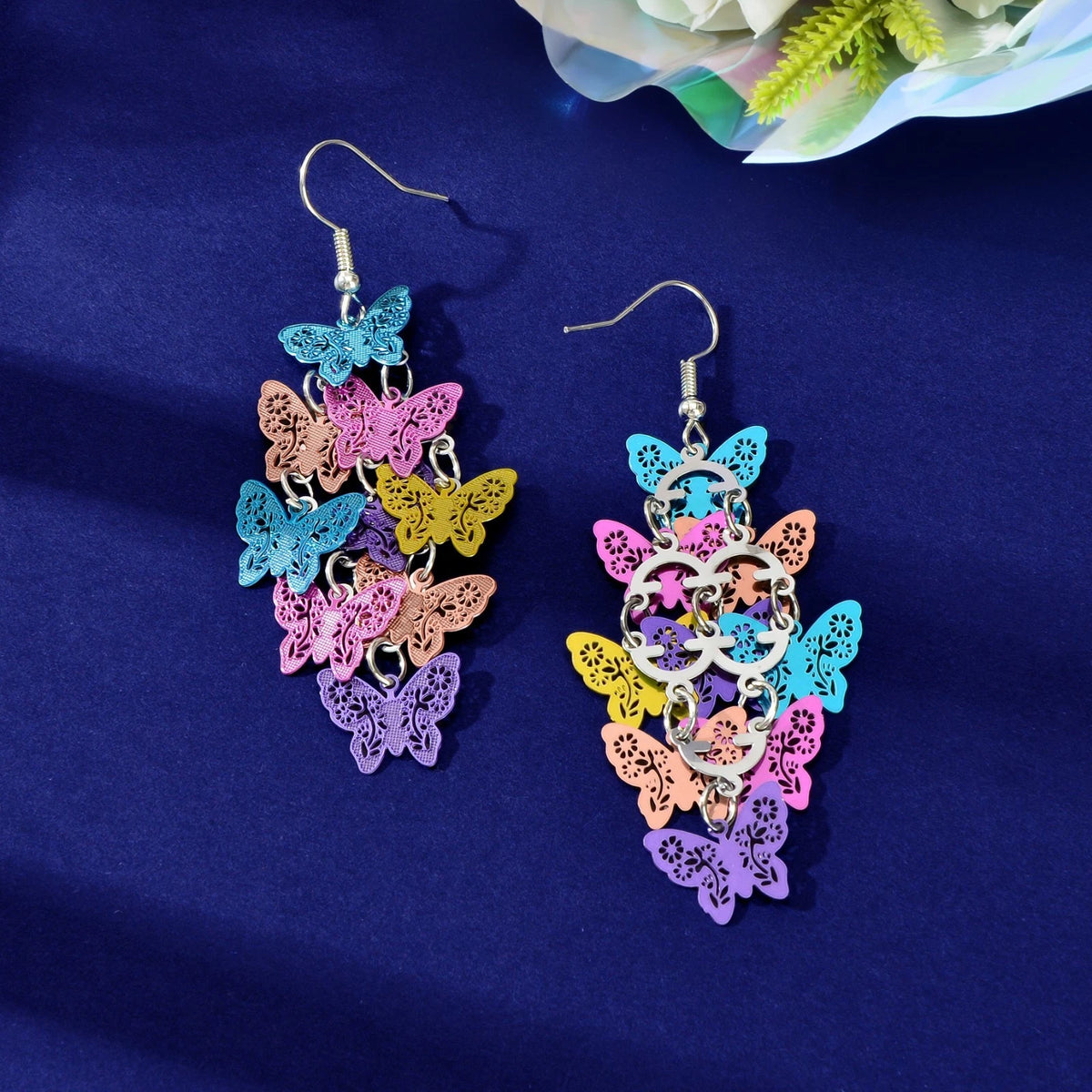 Trendy Summer Vacation Colorful Hollow Multi-level Butterfly Chandelier Earrings