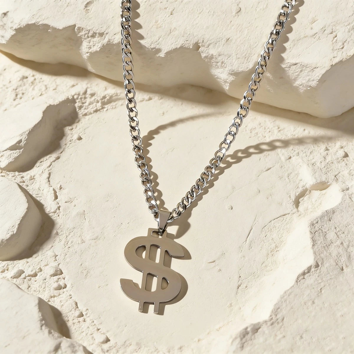 Silver Dollar Sign Pendant Necklace Hip Hop Punk Cuban Link Chain Men Jewellery
