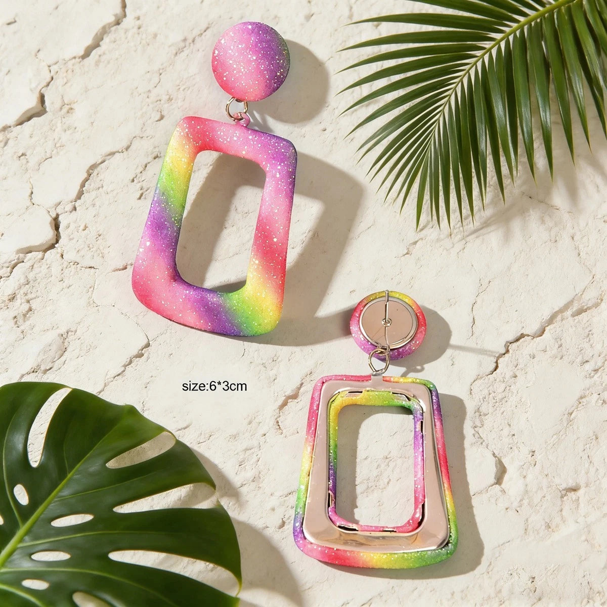 Rainbow Color Rectangle Geometric Dangle Statement Drop Earrings for Women Party