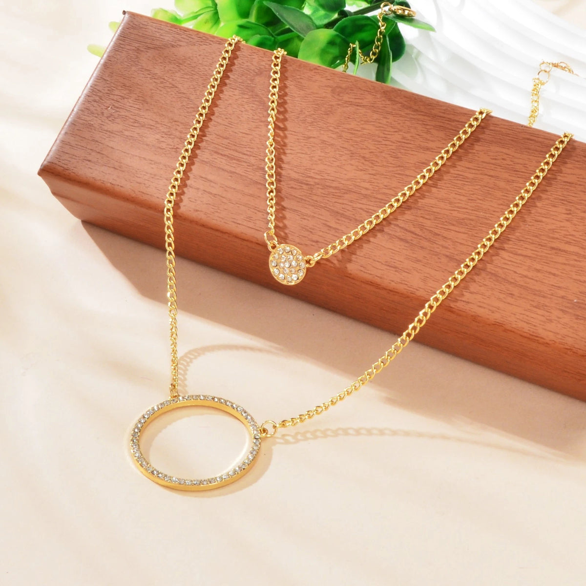 2 pcs Gold Silver Chain Rhinestone Round Circle Pendant Necklace Jewellery Gift
