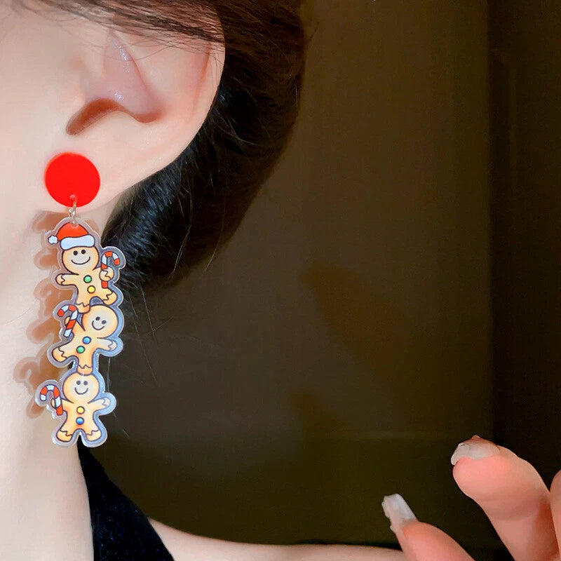 Christmas Cartoon Design Acrylic Gingerbread Man Long Pendant Festival Earrings
