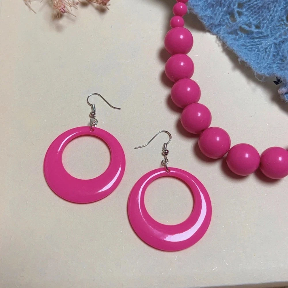 Chunky Hotpink Yellow Beaded Necklace Big Hollow Round Geometric Earrings Statement Set