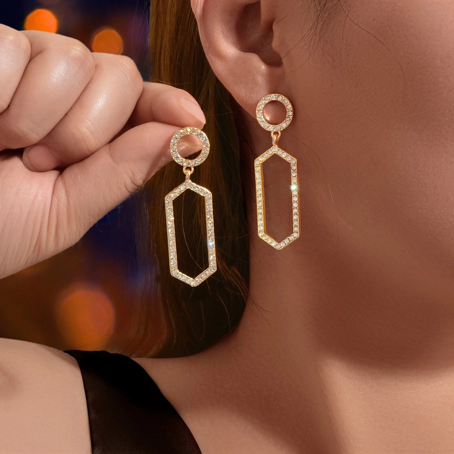 Luxurious Rhinestone Decor Geometric Dangle Earrings Good Quality Accessories