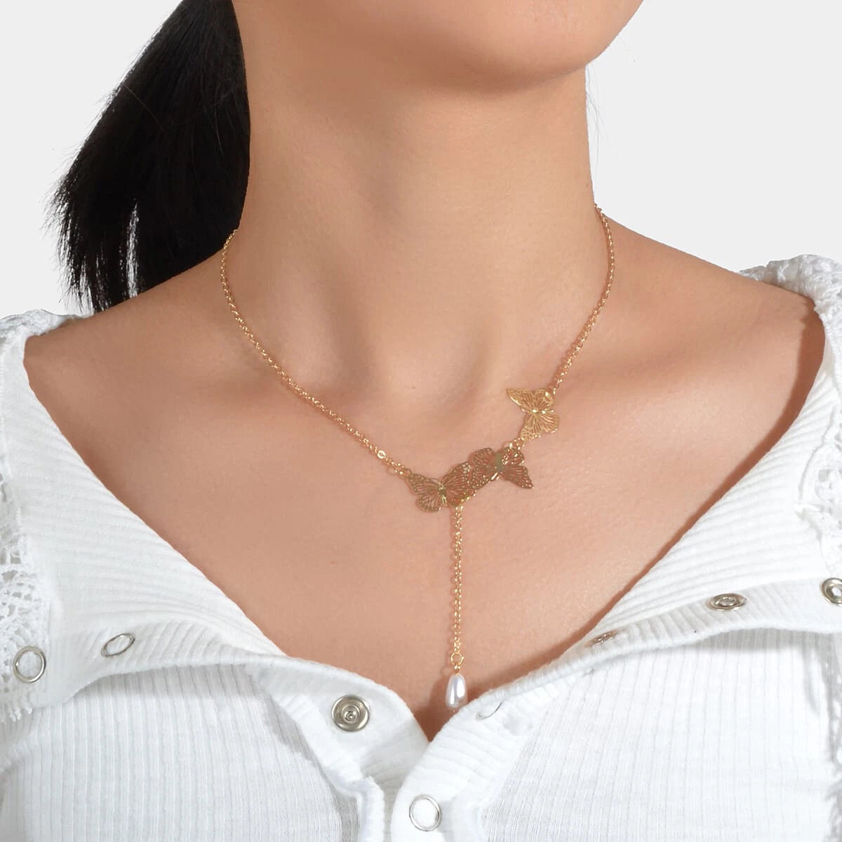Designer Gold Butterfly Pearl Charm Personality Long Chain Dangle Y Necklace