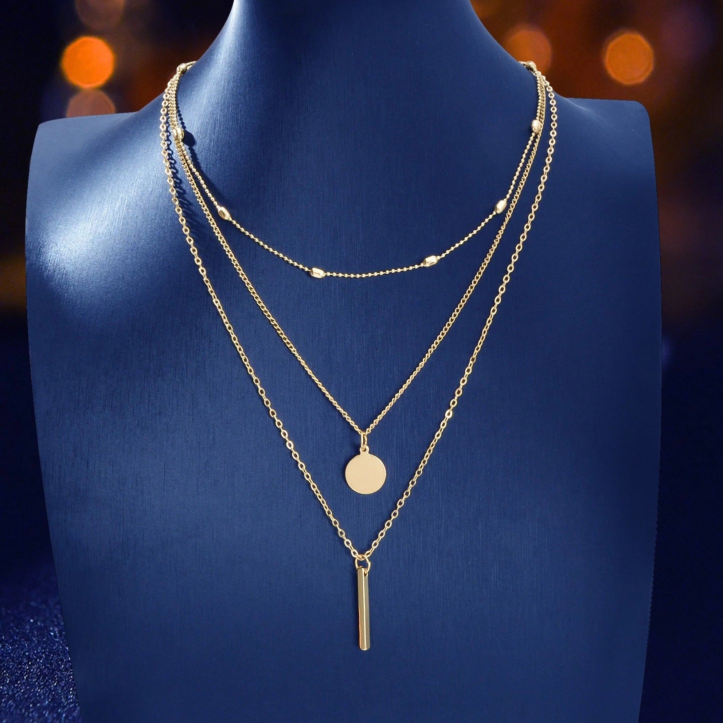3 pcs Multilayer Bar Disc Pendant Dainty Necklaces Gold Layered Chain Chokers