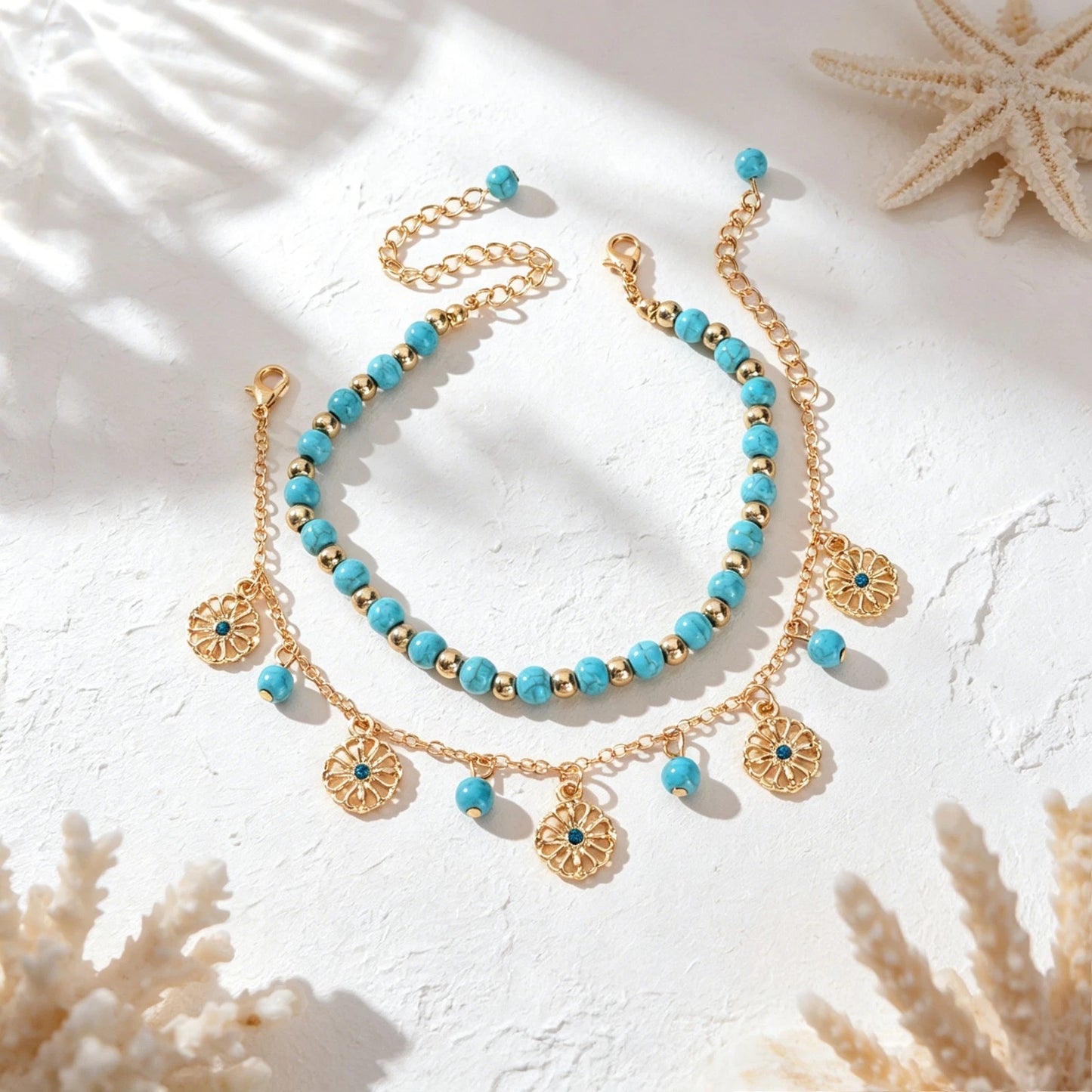 Turquoise Beads Double-Layered Anklet Round Pendant Boho Chic Foot Jewellery