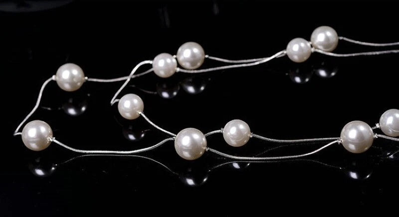 Double Layer Pearl Decor Gold Silver Chain Long Necklace Fashion Accessories