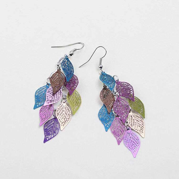 AU Local Bohemian Colorful Hollow Layered Leaf Stacks Hook Drop Dangle Earrings