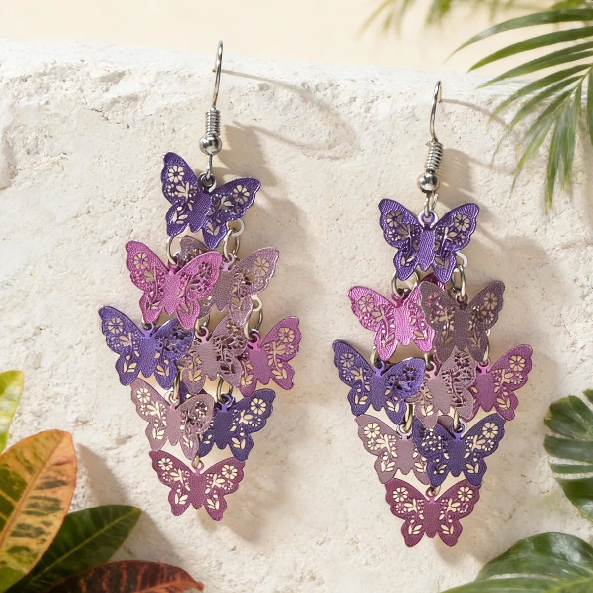 Trendy Summer Vacation Colorful Hollow Multi-level Butterfly Chandelier Earrings