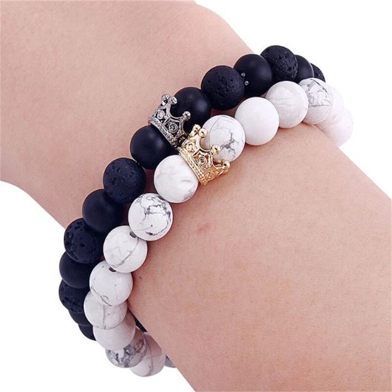 2pcs Crown Marble Lava Stone Beads Boho Ethnic Bracelet set Chunky Jewelry Gift