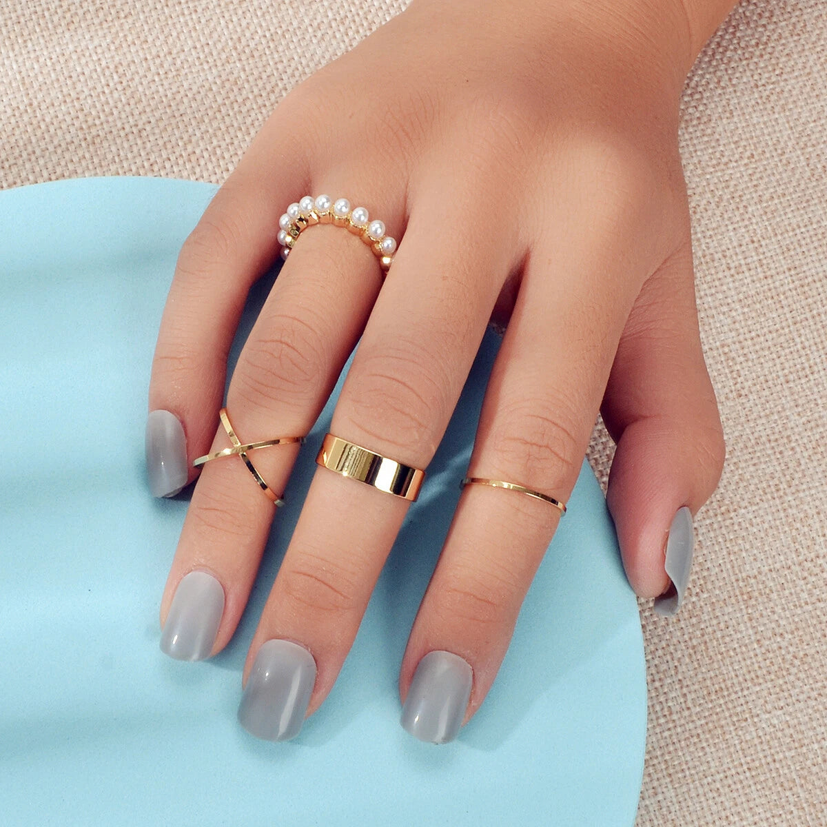 4 pcs Fashion Jewellery Pearl Decor Gold Geometric Midi Finger Knuckle Rings set