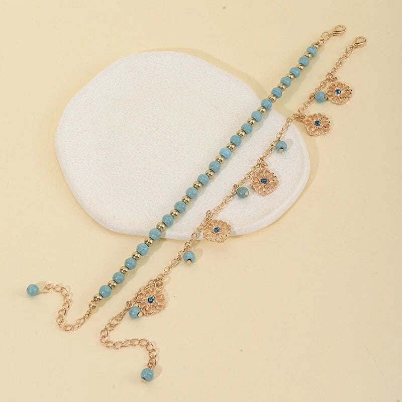 Turquoise Beads Double-Layered Anklet Round Pendant Boho Chic Foot Jewellery