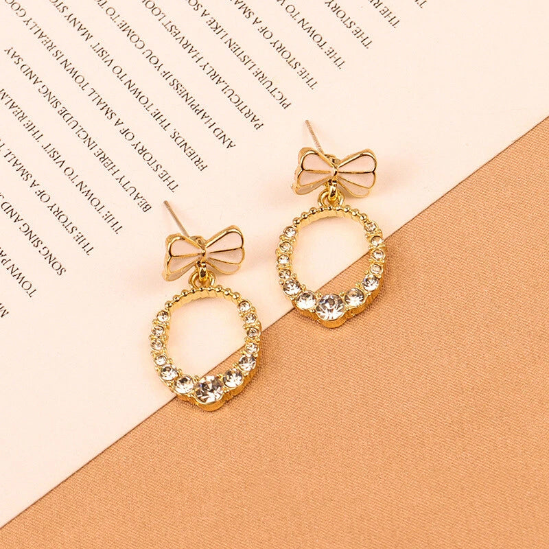Women Teen Girls White Enamel Bow Rhinestone Circle Stud Lightweight Earrings