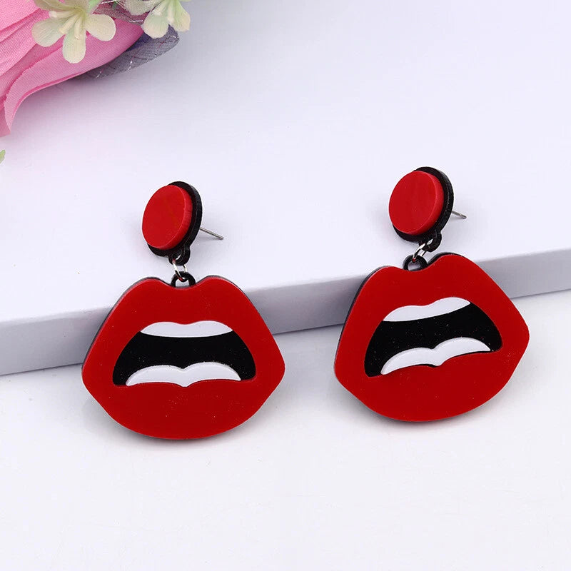 Personality Creative Red Lips Acrylic Statement Dangle Earrings Party Jewellery