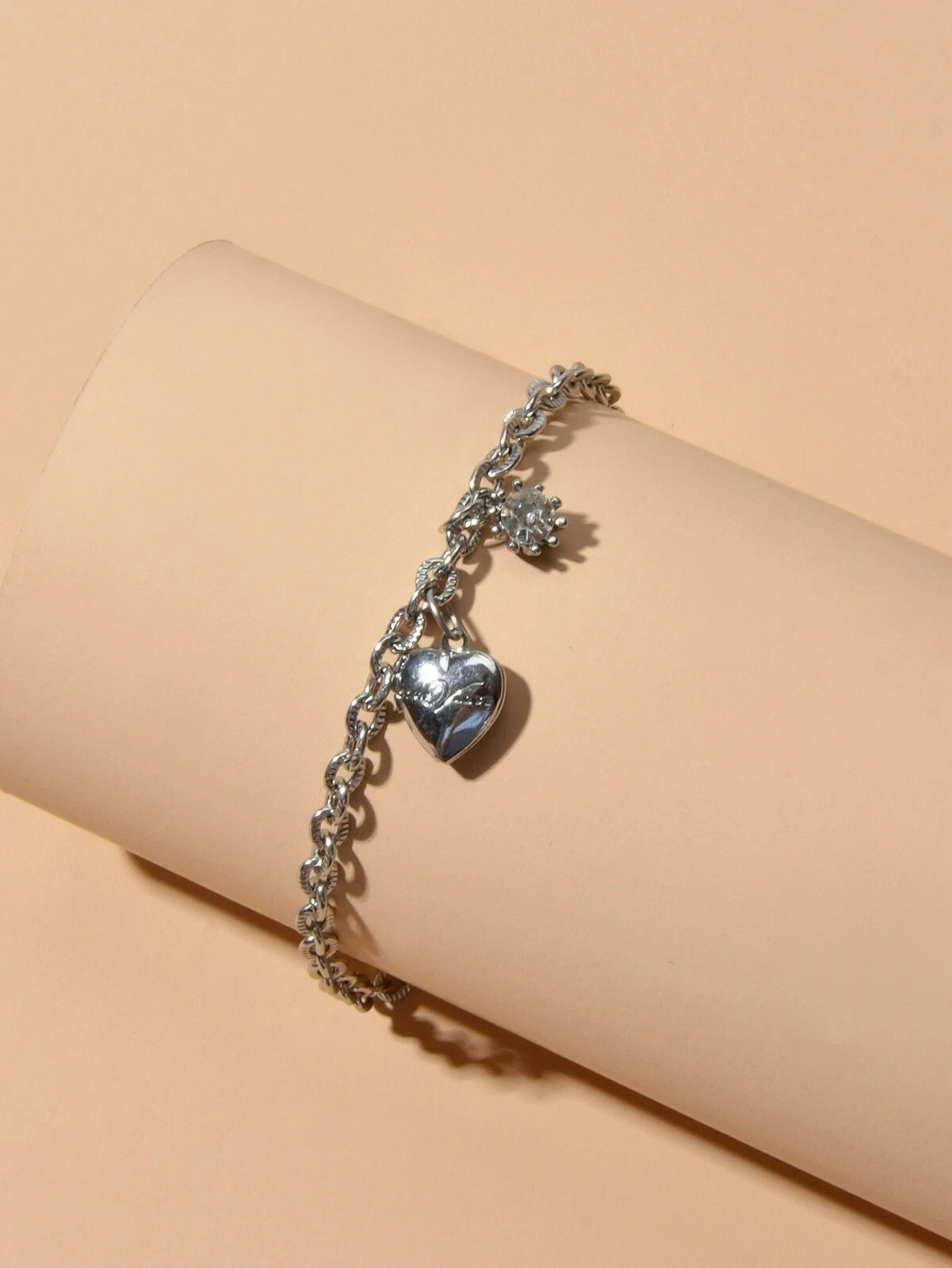 Anniversary Wedding Jewellery Silver Chain Rhinestone Decor Heart Charm Bracelet