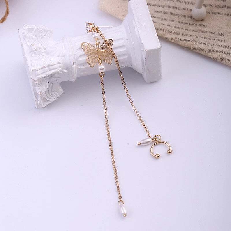 1pc Crystal Pearl Butterfly Long Chain Cartilage Stud Earring Stunning Ear Cuff